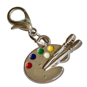 Art Palette Charm Clip On Zipper Pull Purse Bag Silver Tone Enamel Artist Gift